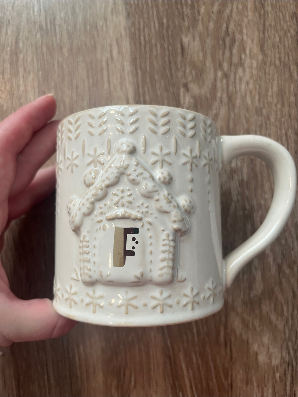 Anthropologie Cream Embossed Gingerbread House Mug with Gold 'F' Accent